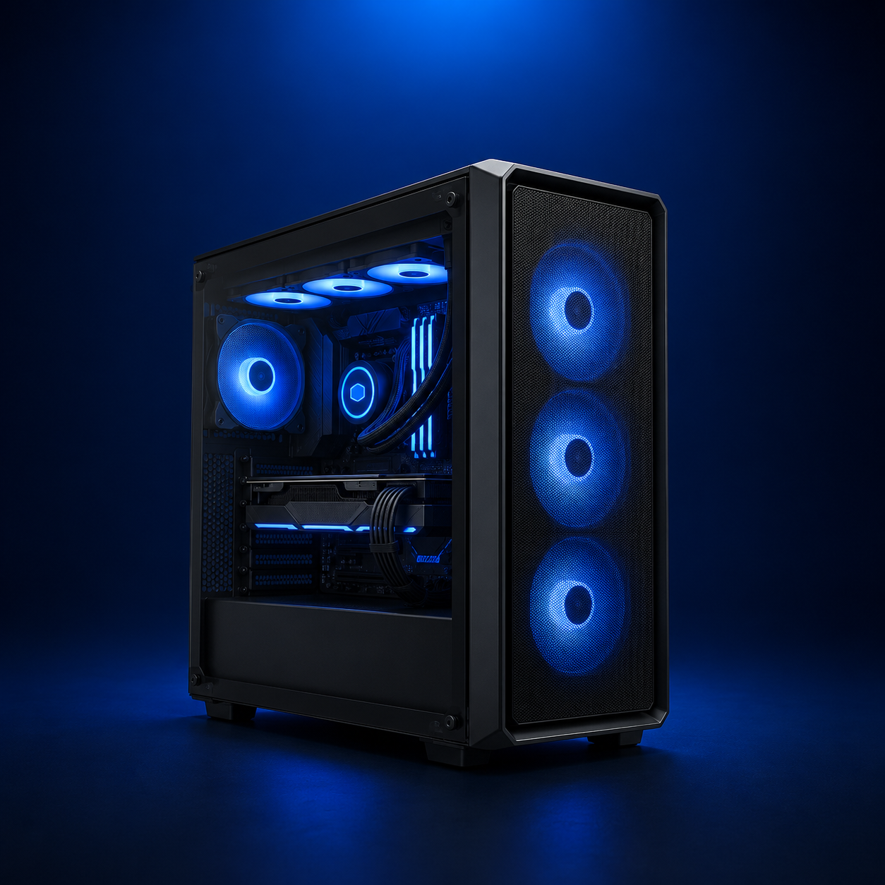 Blue-lit prebuilt desktop PC