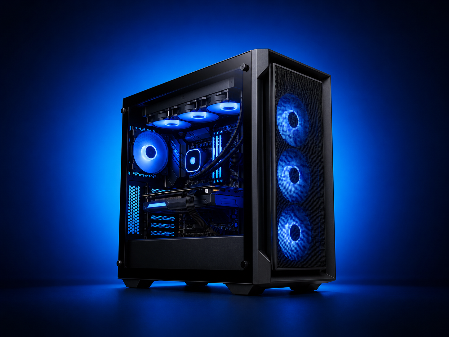 Blue-lit desktop computer
